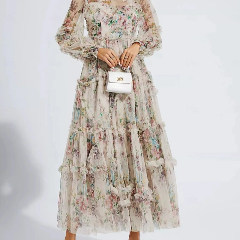 Catchall Floral Ruffle Tulle Maxi Dress Cottagecore Romantic NWT S